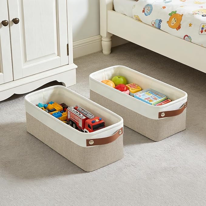 Bagnizer Small Fabric Storage Baskets, 15x6x5 inch Narrow Storage Bins 4-Pack Long Storage Basket for Organizing with Handles, Decorative Basket for Closets, Shelves, Toilet Paper, Beige
