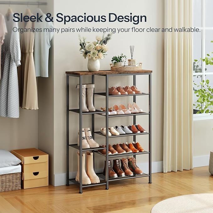 HOOBRO 6 Tier Shoe Rack with Top Shelf, Multi Tier Shoe Storage Organizer for Entryway, Versatile Storage for Shoes, Bags and More, Holds 11-18 Pairs, Sturdy Metal Frame BF35XJ01