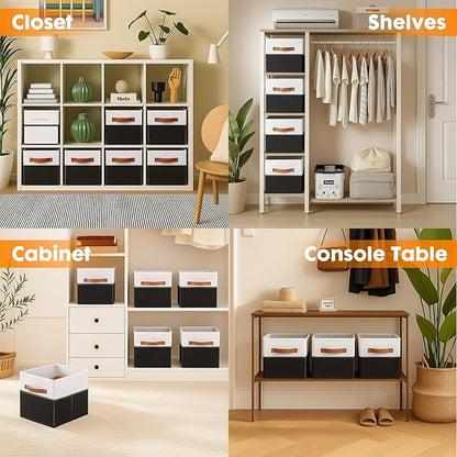 ShellKingdom Storage Bins, Two-Tone Foldable Fabric Storage Cubes with Leather Handle for Closet Toys Clothes Storage Organizer Drawer, 10.5 X 10.5 X 11 inch, 2 Pack (White/Black)
