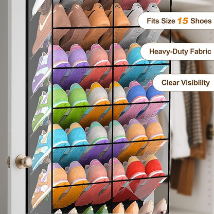 20-30 Pairs Over the Door Shoe Organizer, Transparent PVC Hanging Shoe Rack for Closet, 10-Tier Door Shoes Storage, Crystal-Clear Visibility Fit All the Family's Sneakers, Boots, Heels, Black Frame