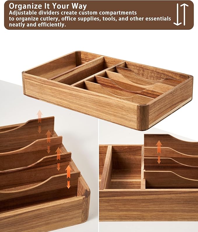 Silverware Drawer Organizer, Acacia Wood Tray for Cutlery & Flatware | Fixed 10.5" Wide, 7-Compartment Utensil Holder for Forks & Spoons