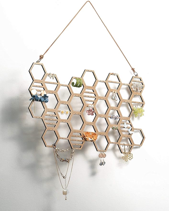 Heesch Hanging Earring Holder Honeycomb Earring Organizer Wall Mount Earring Display Wood Hanging Jewelry Organizer for Stud Earrings, Necklaces (Beech Wood Color)