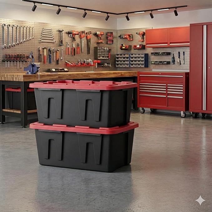 27 Gal Industrial Tote,2 Pack Large Storage Bin,Black with Red Lid Plastic Storage Container Stackable & Nestable Heavy Duty Storage Totes, Suitable for Garages, Basements or Outdoors (2 Pack)