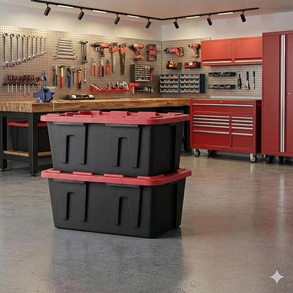 27 Gal Industrial Tote,2 Pack Large Storage Bin,Black with Red Lid Plastic Storage Container Stackable & Nestable Heavy Duty Storage Totes, Suitable for Garages, Basements or Outdoors (2 Pack)
