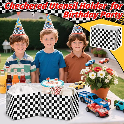 2PCS Black and White Checkered Utensil Holder Paper Utensil Caddy for Checkered Birthday Decorations Race Car Party Favors Disposable Cutlery Holder with Handles for Birthday Party Supplies