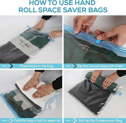 Yan & Hin Vacuum Storage Bags for Clothes, Space Saver Bags for Closet Organization,Clothing Storage, (2 Jumbo/2 Large/2 Medium/2 Small /4 Travel Compression Bags) with Hand Pump (12 Combo)