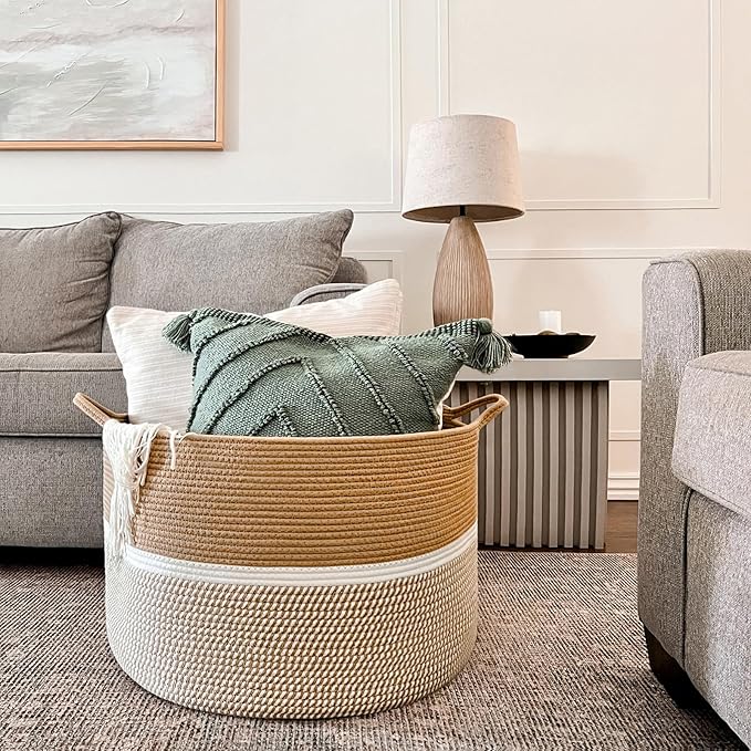CHICVITA XXL Extra Large Cotton Rope Woven Basket with Handles, Throw Blanket Storage Basket, Decorative Clothes Hamper - 22" x 22" x 14", Brown&White