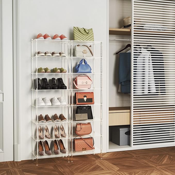 Aquiver Acrylic 8 Tiers Tall Shoe Rack - Shoe Organizer for Entryway - Narrow Shoe Storage Shelf Clear Shoes Rack for Closet, Store 16-20 Pairs of Shoes, 18.1'' L x 11.8'' W x 61'' H, Easily Clean