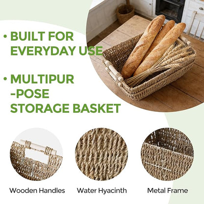 2 Pack Wicker Storage Baskets with Wooden Handles, Large Seagrass Basket for Organizing Shelves, Natural Woven Storage Baskets for Snack, Gift