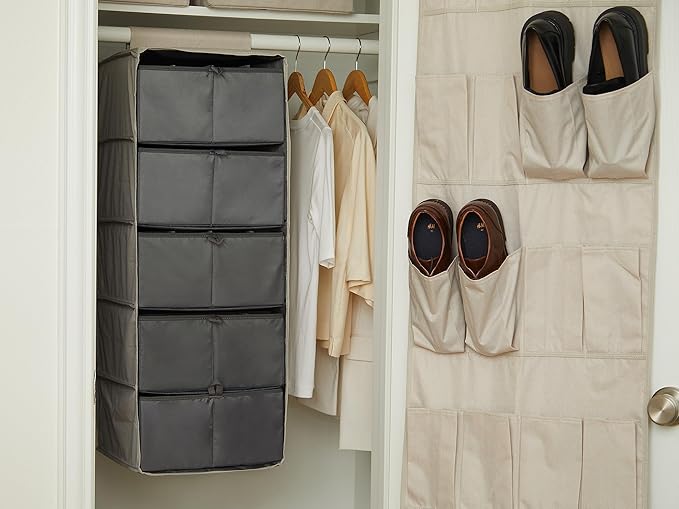 Covermates Keepsakes Hanging Closet Organizer Set – Heavy Duty Wardrobe Storage Shelves with Trays & Dividers – Vertical Dresser for Sweaters, Shoes, and Handbags, Beige Heather