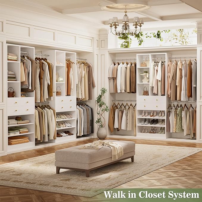Besiost Closet System, 4.2–8.8 FT Closet Organizer with 2 Wooden Drawers and Shelves, Walk-in Closet System with 5 Hang Rods, Built-in Reach in Closet Tower, Can Fit 60 to 96 inch, White