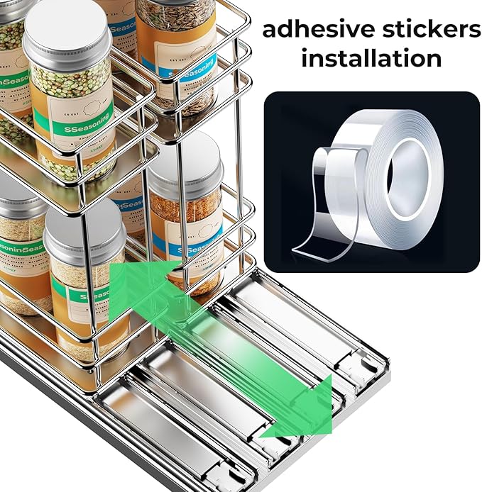 Mystozer Pull Out Spice Rack Organizer for Cabinet, Slide Out Spice Racks, Easy to Install Spice Cabinet Organizers, 5.28" Wx10.43 Dx8.26 H, 2 Drawers 2 Tiers(Silver)