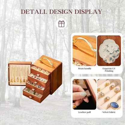 Wooden Jewelry Box for Women Walnut Wooden Jewelry Box with handle 4-Tier Jewelry Organizer for Rings, Necklaces