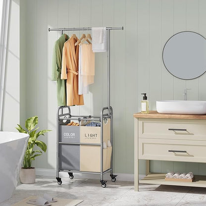 Tajsoon Laundry Sorter with Hanging Rack, 2 Section Rolling Laundry Hamper with Lockable Wheels and Removable Bag, Beige & Gray