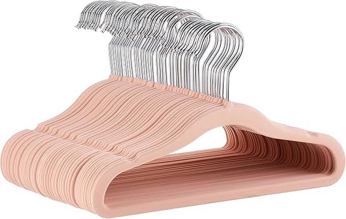 Amazon Basics Kids Space Saving Velvet Non-Slip Clothes Hangers with Shoulder Notches for Infant and Toddler, 11.6", Blush, 50-Pack