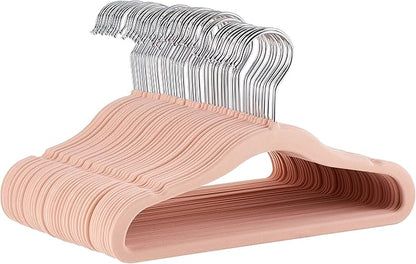 Amazon Basics Kids Space Saving Velvet Non-Slip Clothes Hangers with Shoulder Notches for Infant and Toddler, 11.6", Blush, 50-Pack