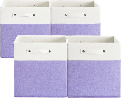 FinishingBo 13 x 13 Inch Fine Linen Storage Bins with Handles，Fabric Cube Boxs，Basket Organizers for Shelves for Home, Closet Drawers (White/Purple-4 Pack)