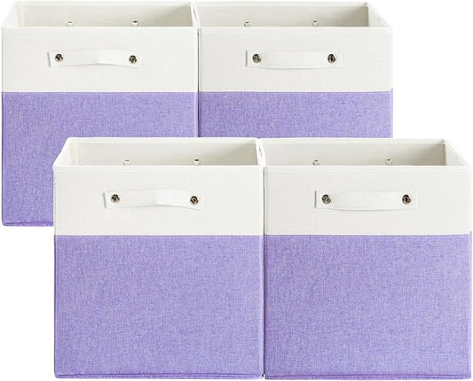 FinishingBo 13 x 13 Inch Fine Linen Storage Bins with Handles，Fabric Cube Boxs，Basket Organizers for Shelves for Home, Closet Drawers (White/Purple-4 Pack)