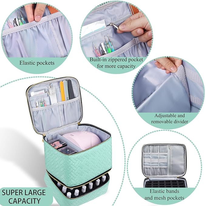 Nail Polish Organizer, Nail Polish Storage Holds 30 Bottles & Nail Lamp, Double Layer Nail Bag Organizer Case, Portable Nail Polish Holder for Nail Tech Travel & Manicure Kit