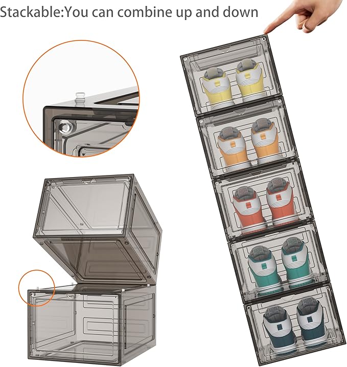 HOMIDEC Shoe Storage, 6 Pack Shoe Organizer Hard Plastic Shoe Box, Shoe Boxes Clear Plastic Stackable, Shoe Boxes with Lids for Size 13, Clear Smoke