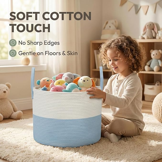 JMvicyroam 65L Extra Large Blanket Basket for Living Room - Woven Cotton Rope Laundry Hamper with Reinforced Handles - Storage Bin for Pillows, Comforters & Toys - Machine Washable,White&Blue