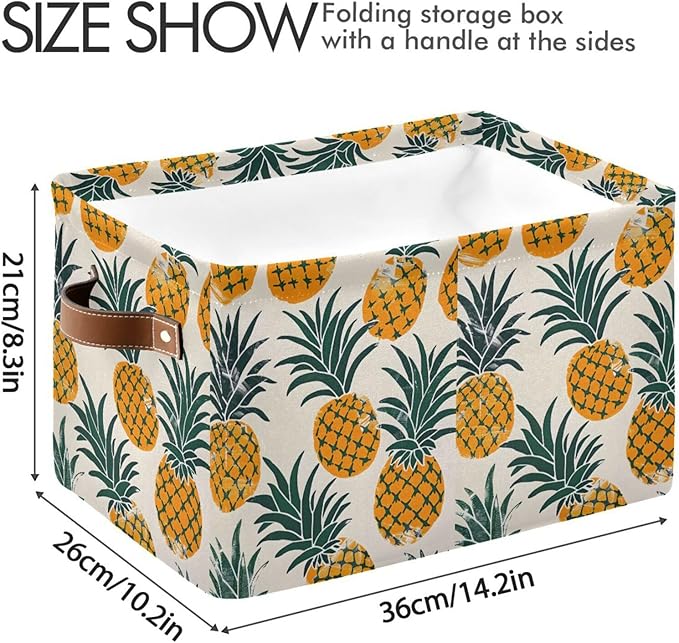 Large Storage Basket Pineapples Storage Bin Cube Canvas Fabric Organizer Handles Collapsible for Clothes Toys Bedroom Decorative