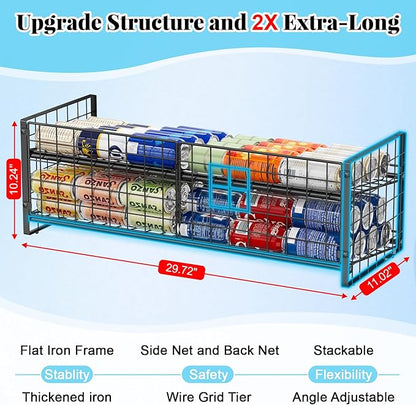 3 Tier Stackable Can Rack Organizer for Pantry Shelf, Adjustable Extra-Long Can Holder for Kitchen Storage, Sturdy Standing Rolling Can Dispenser for Canned Food Goods Drink Soup up to 96, Black