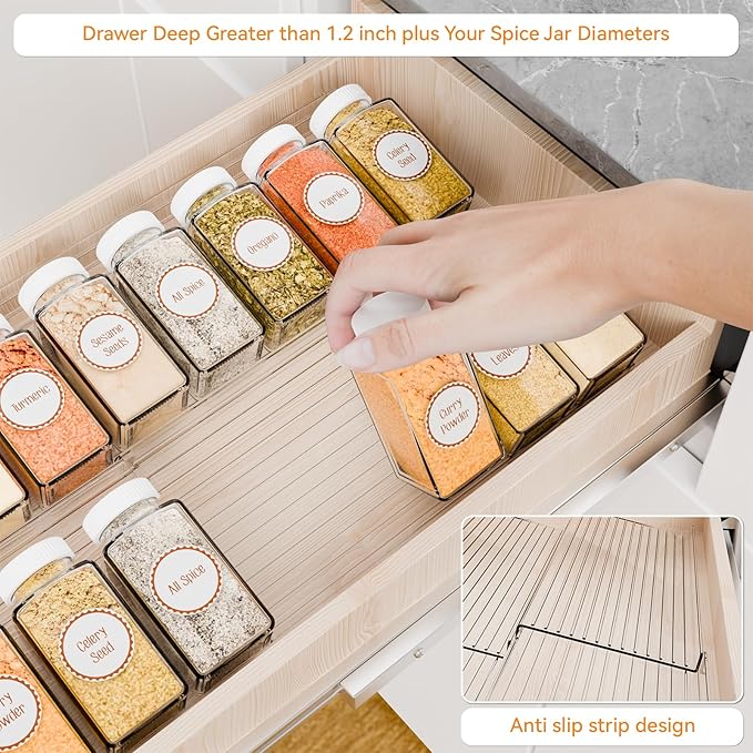 Yieach 8 Pack Adjustable Narrow In Drawer Spice Organizer - Expandable From 9'' to 17.7'' - Acrylic Drawer Seasoning Organizer,Clear Spice Drawer Insert Tray for Drawers Condiment,Jar Organization