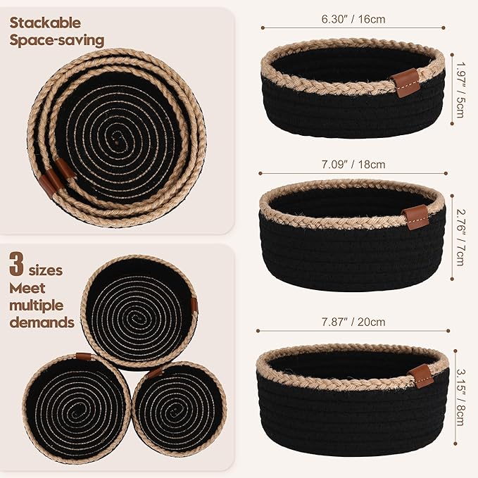 Sea Team 3-Pack Small Cotton Rope Storage Basket Set - Portable Round Organizers with Jute Braid for Small Items, Keys, Makeup & Trinkets