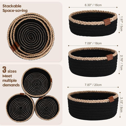 Sea Team 3-Pack Small Cotton Rope Storage Basket Set - Portable Round Organizers with Jute Braid for Small Items, Keys, Makeup & Trinkets