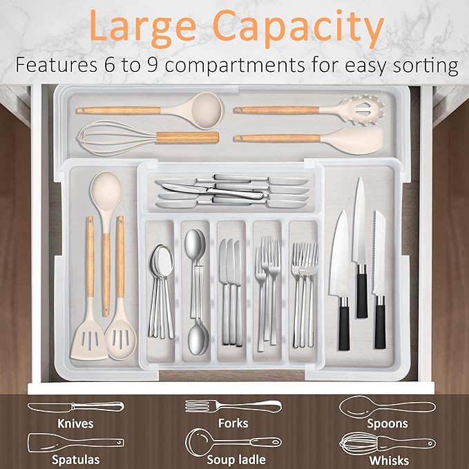 Spaclear Large Silverware Drawer Organizer Expandable Kitchen Utensil Organizer BPA Free Flatware Cutlery Holder Tray Adjustable Plastic Drawer Divider Storage for Forks Knives 6-9 Slots White
