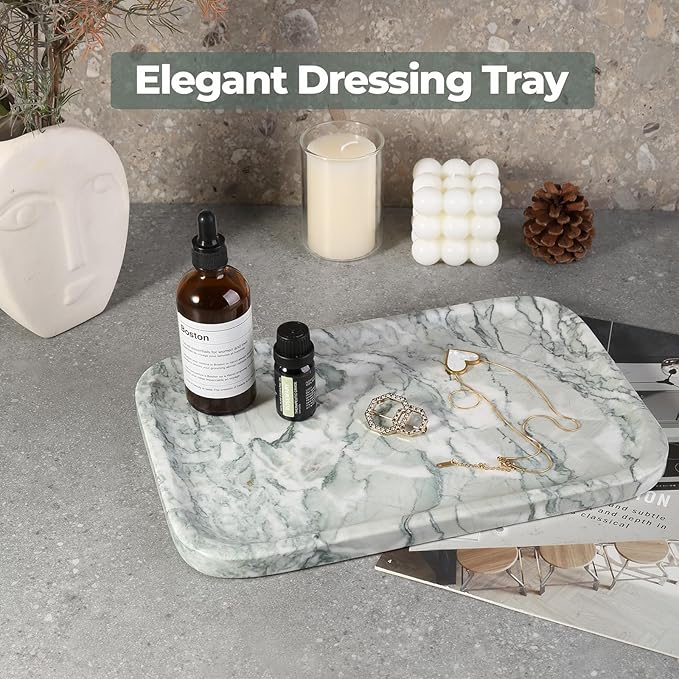 Karibiber Vanity Tray, Marble Bathroom Tray Countertop, Decorative Dresser Organizer, Green Stone for Perfume Jewelry Holder Storage for Kitchen Sink(Light Green)