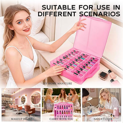 DreamGenius Nail Polish Organizer Case for 48 Bottles with 2 Nail Separators, Double Side Gel Nail Polish Holder with Adjustable Dividers, Pink