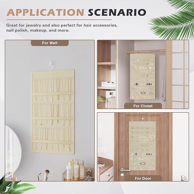 Hanging Jewelry Organizer Storage Roll, Double-Sided Necklaces Holder, 42 Pockets Plus 36 hooks Earrings Organizer Hang in Closet, On Wall, or Doors, Beige