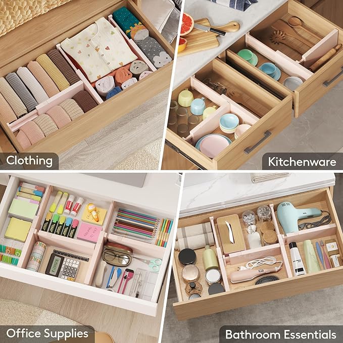 Lifewit 9 Pack Drawer Dividers 4" High 28-43.5cm/11-17" Adjustable Drawer Organizer for Clothes/Utensils, Expandable Drawer Separator in Dresser/Kitchen/Bedroom/Office Organization & Storage Pink