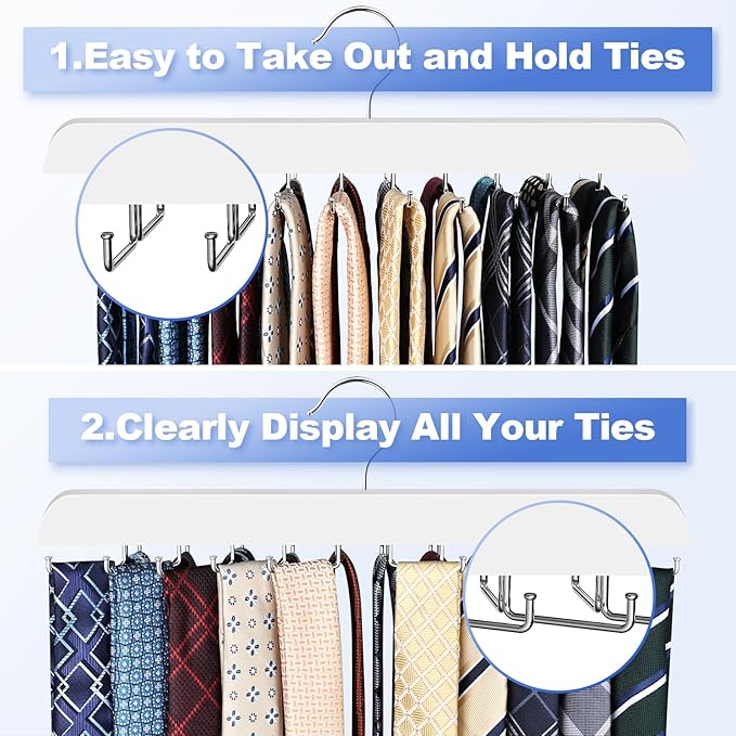 RESOVO Upgraded Tie Rack Hanger with 20 Foldable Metal Hooks, Space Saving Necktie Organizer for Men – Large Capacity Tie and Belt Wooden Hanger for Closet - White