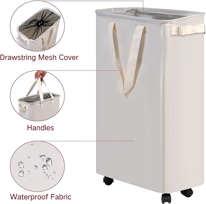 efluky Slim Laundry Hamper with Wheels, Rolling Laundry Basket for Clothes, Small Laundry Basket for Bedroom, Dorm and Laundry Room, 60L (12.7 Gallons) Beige