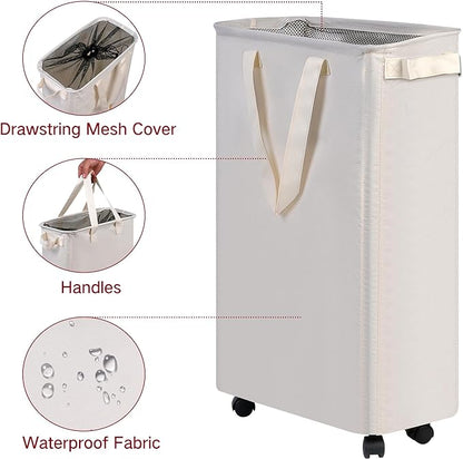 efluky Slim Laundry Hamper with Wheels, Rolling Laundry Basket for Clothes, Small Laundry Basket for Bedroom, Dorm and Laundry Room, 60L (12.7 Gallons) Beige