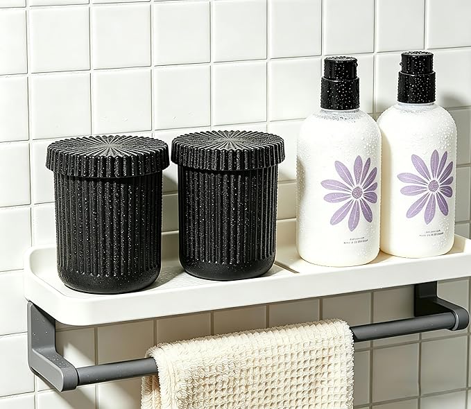 2 Pack Glass Qtip Holder Dispenser Set - Bathroom Organizer for Cotton Swabs, Balls, Pads, Floss Picks - Clear Apothecary Jars for Vanity, Makeup Storage, Bathroom Accessories Decor (Black)