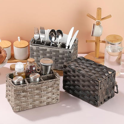 Silverware Holder for Party Plastic Utensil Holder Wicker Silverware Caddy Cutlery Holder with Handle Spoon and Fork Organizer Light Gray Utensil Caddy for Kitchen Counter