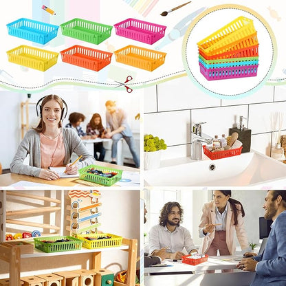 Wenqik 24 Pcs Plastic Storage Baskets for Classroom Organizing Small Pantry Storage Bins Rectangular Tray for School Household Toys Classroom Bedrooms, Kitchens Countertops (Rainbow Color)