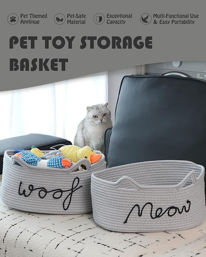 Sea Team Cat Toy Basket with Handles, 16.5 x 11 x 7 Inches, 4.4 Gallons Large Cotton Rope Storage Bin, Box, Shelf Organizer for Pet Chew Toys, Foods, Grey Meow