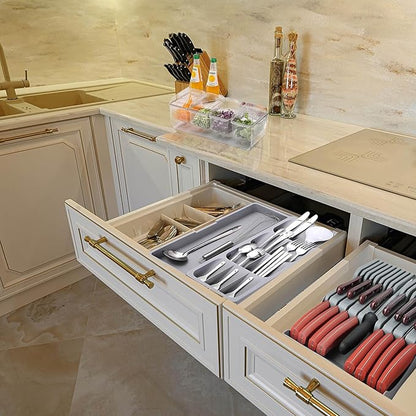 Silverware Drawer Organizer with Expandable Tray for Kitchen Drawer, Adjustable Compact Plastic Kitchen Utensil Storage for Spoons Forks Knives Easy to Access & Save Space