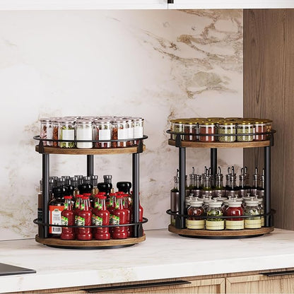 YATINEY Spice Rack, Set of 2 Lazy Susan Organizer, 2-Tier Turntable Organizer, Rotating Spice Rack Organizer For Cabinet, Compact and Versatile, for Kitchen Countertop, Rustic Brown SR22L2BR