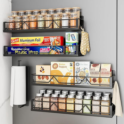 Mystozer 16.9 Inch Wide Large Capacity Magnetic Spice Rack for Refrigerator,5 Pack Metal Fridge Shelf Magnetic Spice Rack Kitchen Storage Refrigerator Organizers and Storage Spice Shelf (Black)