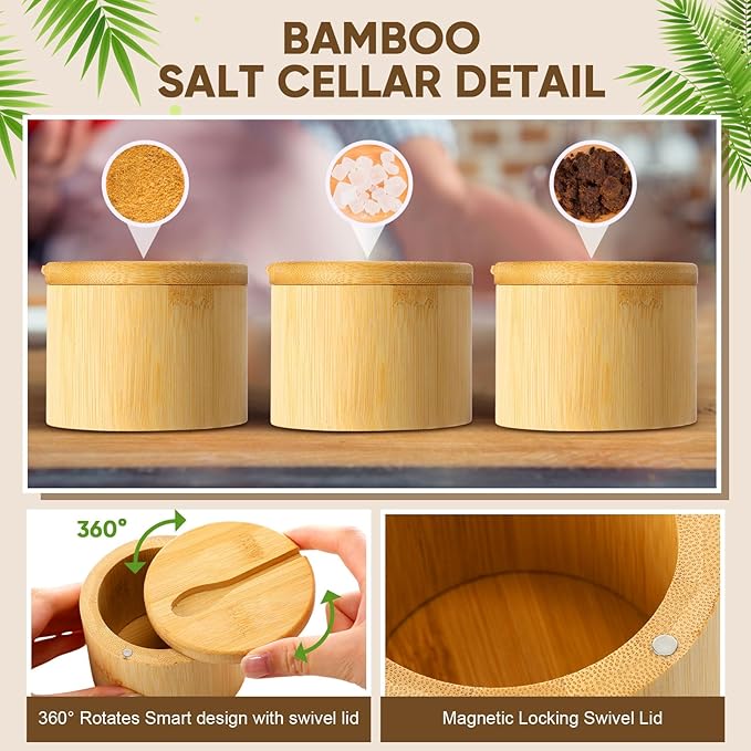 Honeydak 6 PCS 6oz Bamboo Salt Cellar Salt Container with Magnetic Swivel Lid & Spoon Bamboo Storage Box Bowl Elegant Kitchen Holder Saver Jar to Storage Pepper Spice Sea Sugar for Countertop