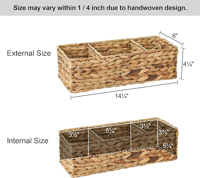 StorageWorks Wicker Basket Tank Topper, Wicker Storage Basket for Shelves, Toilet Paper Basket for Back of Toilet Tank Top, 3-Section Water Hyacinth Storage Baskets, 2-Pack