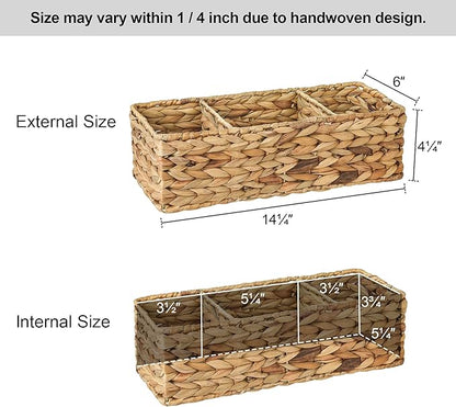 StorageWorks Wicker Basket Tank Topper, Wicker Storage Basket for Shelves, Toilet Paper Basket for Back of Toilet Tank Top, 3-Section Water Hyacinth Storage Baskets, 2-Pack