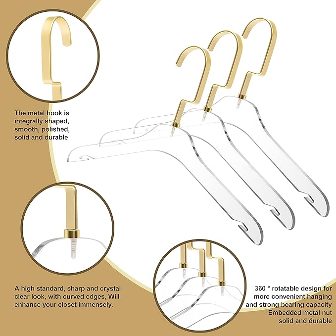 Quality Hangers Kids Size Acrylic Hangers – Crystal Clear Hangers for Kids Clothes - Perfect For 7-10 Years Old - Available With Wide Matte Gold Metallic Hook - Acrylic Children Shirt Suit Coat Hanger