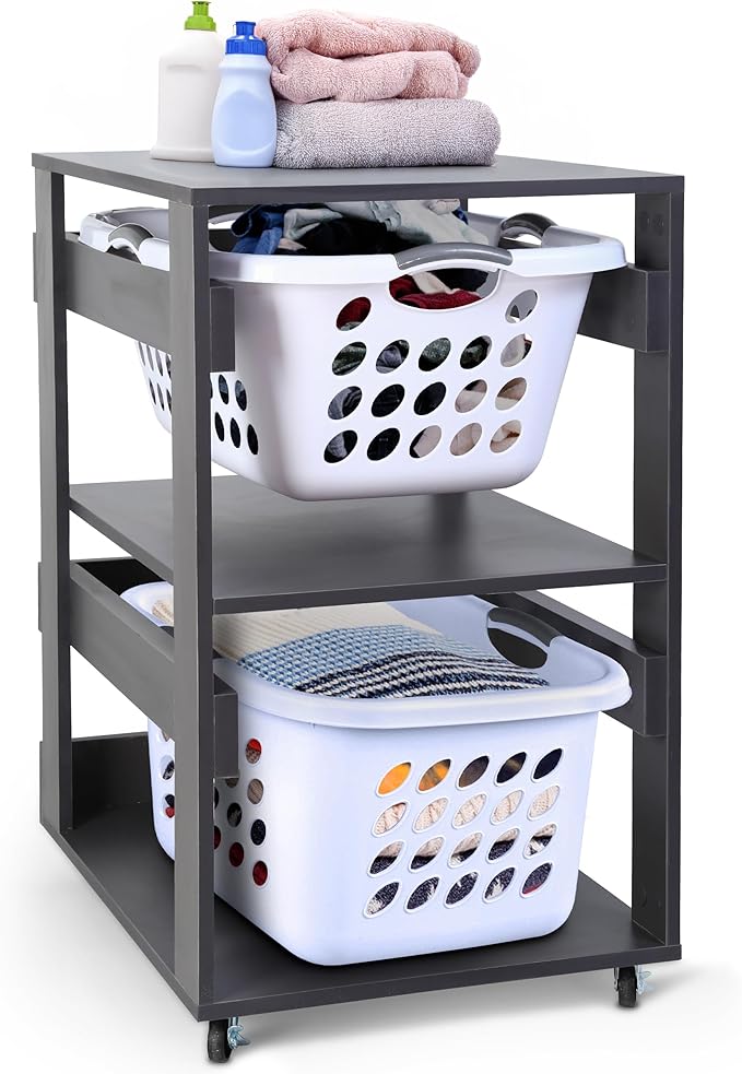 Laundry Basket Holder Shelf (2-Tier) - Stackable Engineered Wood Laundry Tower with Wheels, Tiered Laundry Hamper Organizer for Bathroom, Bedroom